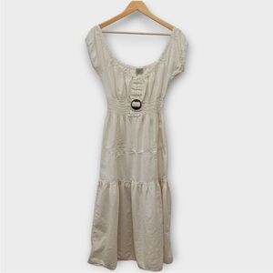 Vintage Hand Loomed Dress Small Cream Tiered Embroidered Midi Cotton Sundress
